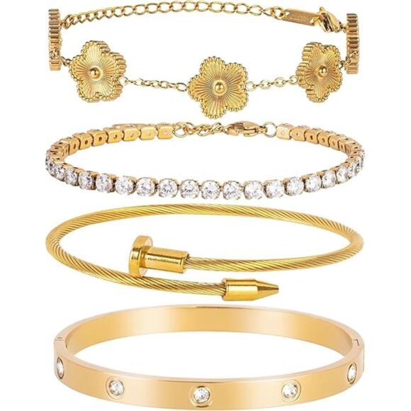 18K Gold Plated Bracelet Set Women Stackable Tennis Love Clover Adjustable Jewel - Picture 7 of 7